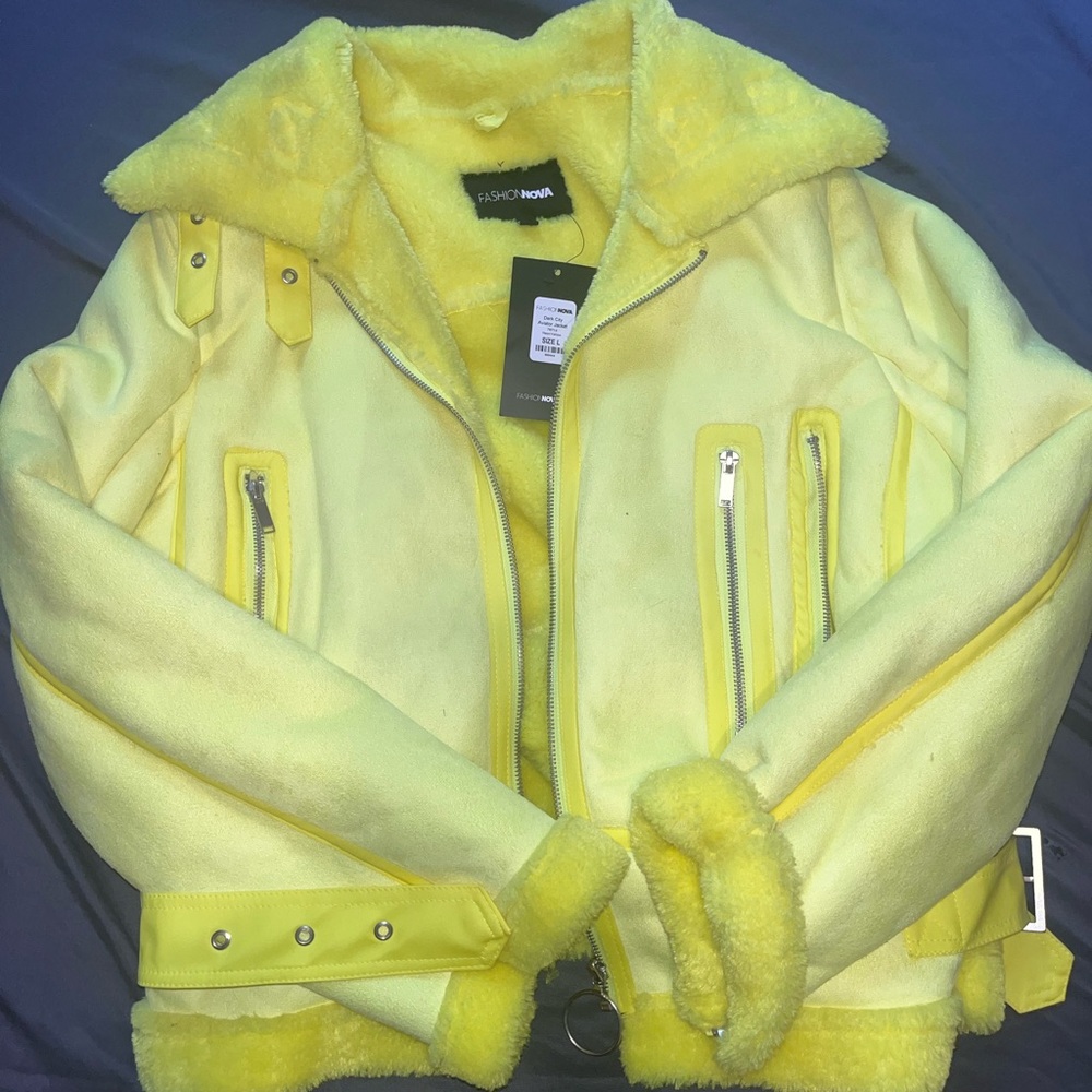 Neon yellow faux fur jacket
